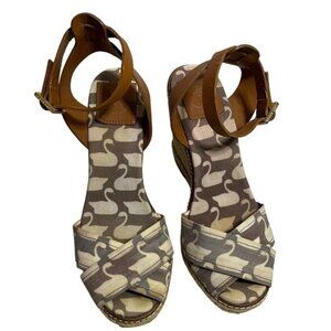 Tory Burch Swan Espadrille Wedge Sandals Ankle Strap Women's Size 8 B